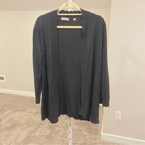 Evolution by Cyrus Large Petite Black Scallop Edge Long Duster Open Cardigan